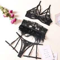 New Feather Embroidered Sexy Lingerie Three Piece Set