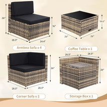 8 Pieces Outdoor Wicker Rattan Patio Furniture Sectional Set, Glass Top Table with Hidden Storage, 7 Sofa Sections.