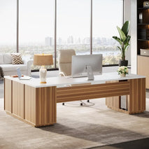 85.8-Inch L-Shaped Executive Desk with File Drawers, Door Cabinet & Shelves, Extra Large Commercial Office Desk,