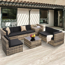 8 Pieces Outdoor Wicker Rattan Patio Furniture Sectional Set, Glass Top Table with Hidden Storage, 7 Sofa Sections.
