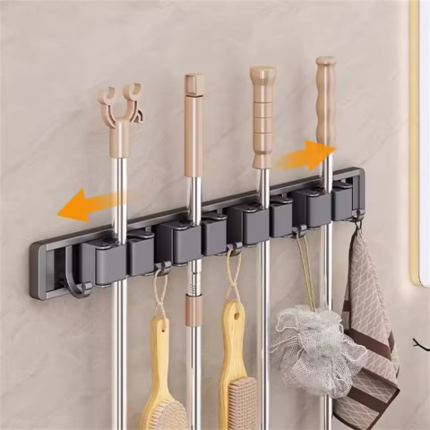 Wall-Mounted Broom and Mop Holder Rail